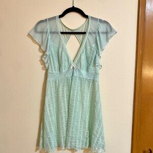 Mint Green Lace Dress with Sheer Sleeves